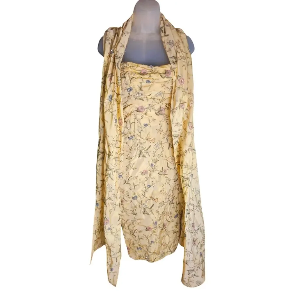 Pamela Dennis Couture Yellow Floral 100% Silk Evening Down Vintage 90's Sz 6 - Picture 9 of 12